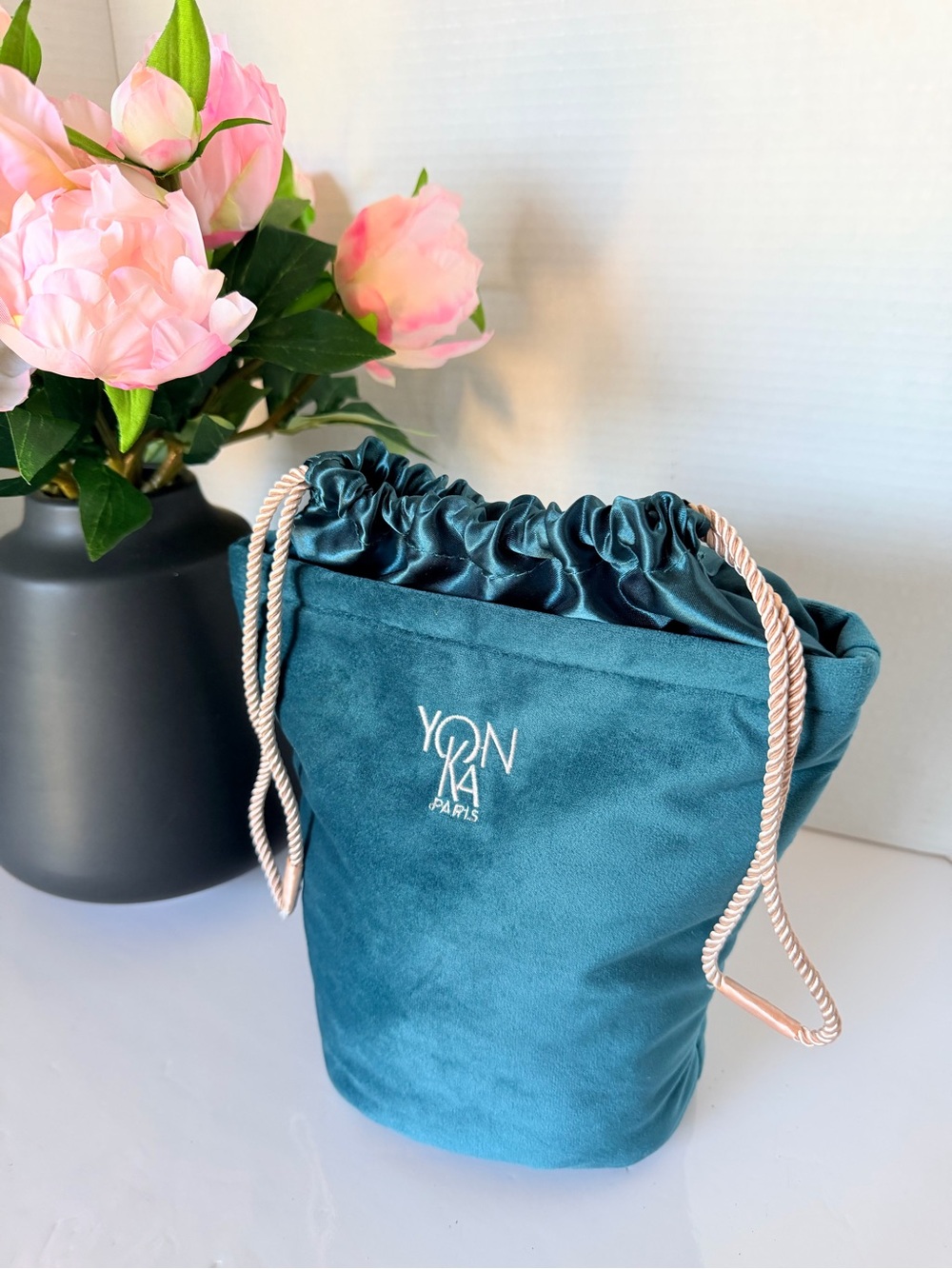 Yonka Teal Satin Velvet Drawstring Mini Bag